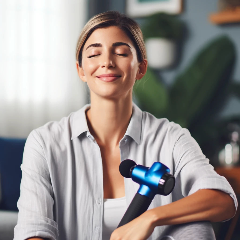 Woman uses ApoFlow PercuFlow for post-workout relief, enhancing motion and targeting areas with vibration therapy. Powerful massager.